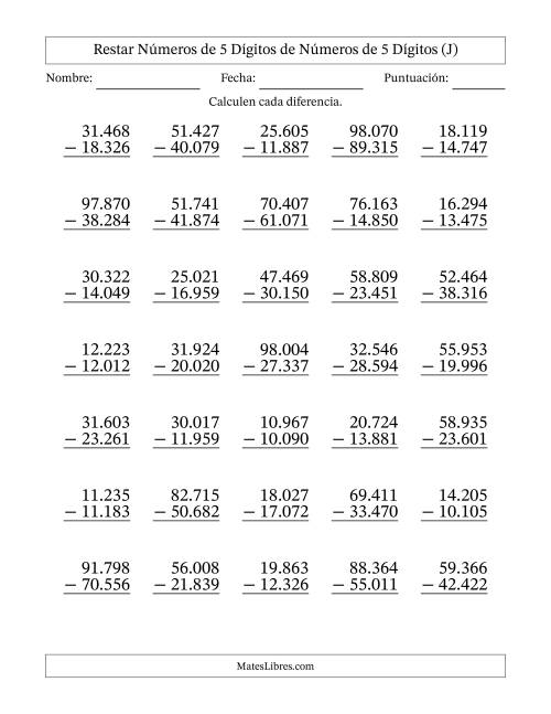 La hoja de ejercicios de Restar números de 5 dígitos de números de 5 dígitos, con acarreo en algunas preguntas (35 preguntas) (Punto como separador de millares) (J)