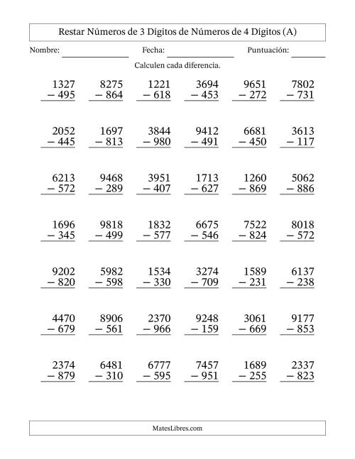 La hoja de ejercicios de Restar números de 3 dígitos de números de 4 dígitos, con acarreo en algunas preguntas (42 preguntas) (A)
