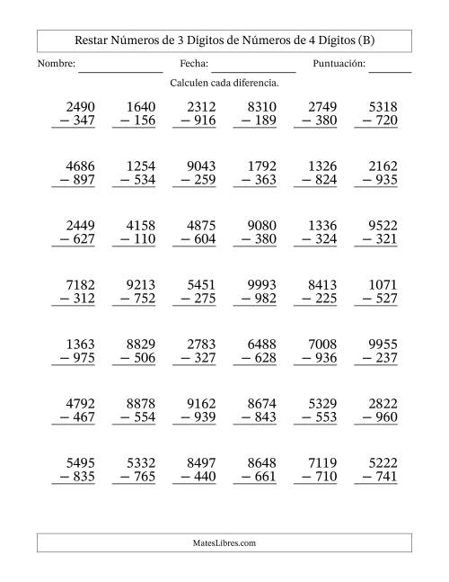 La hoja de ejercicios de Restar números de 3 dígitos de números de 4 dígitos, con acarreo en algunas preguntas (42 preguntas) (B)