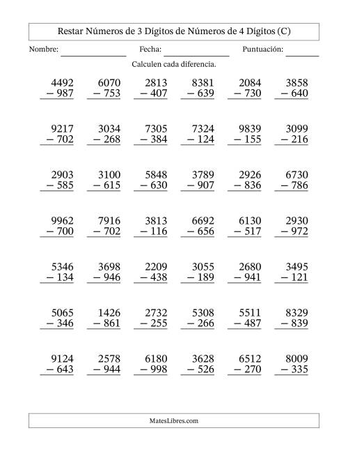 La hoja de ejercicios de Restar números de 3 dígitos de números de 4 dígitos, con acarreo en algunas preguntas (42 preguntas) (C)