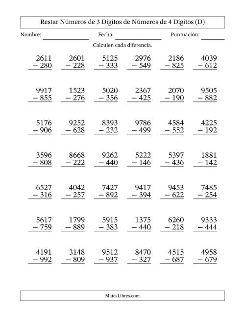 La hoja de ejercicios de Restar números de 3 dígitos de números de 4 dígitos, con acarreo en algunas preguntas (42 preguntas) (D)
