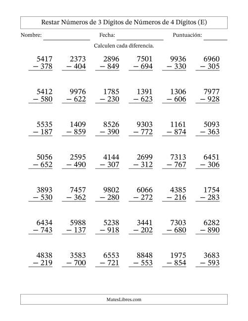 La hoja de ejercicios de Restar números de 3 dígitos de números de 4 dígitos, con acarreo en algunas preguntas (42 preguntas) (E)