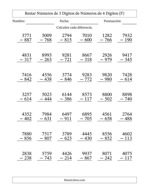 La hoja de ejercicios de Restar números de 3 dígitos de números de 4 dígitos, con acarreo en algunas preguntas (42 preguntas) (F)