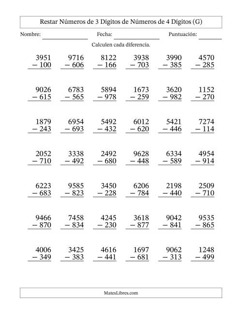 La hoja de ejercicios de Restar números de 3 dígitos de números de 4 dígitos, con acarreo en algunas preguntas (42 preguntas) (G)