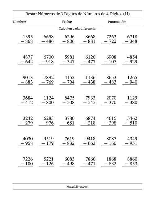La hoja de ejercicios de Restar números de 3 dígitos de números de 4 dígitos, con acarreo en algunas preguntas (42 preguntas) (H)