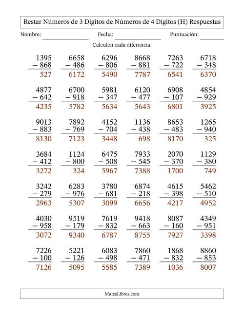 La hoja de ejercicios de Restar números de 3 dígitos de números de 4 dígitos, con acarreo en algunas preguntas (42 preguntas) (H) Página 2