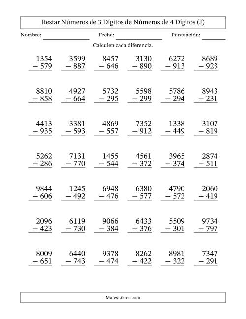 La hoja de ejercicios de Restar números de 3 dígitos de números de 4 dígitos, con acarreo en algunas preguntas (42 preguntas) (J)