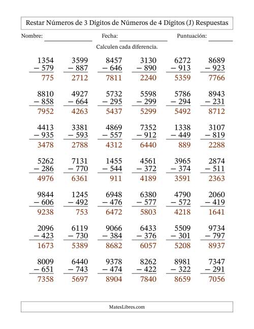La hoja de ejercicios de Restar números de 3 dígitos de números de 4 dígitos, con acarreo en algunas preguntas (42 preguntas) (J) Página 2