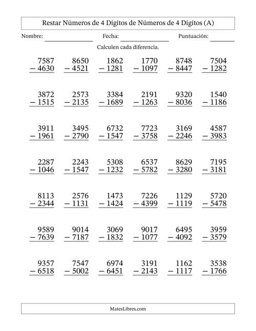 La hoja de ejercicios de Restar números de 4 dígitos de números de 4 dígitos, con acarreo en algunas preguntas (42 preguntas) (A)