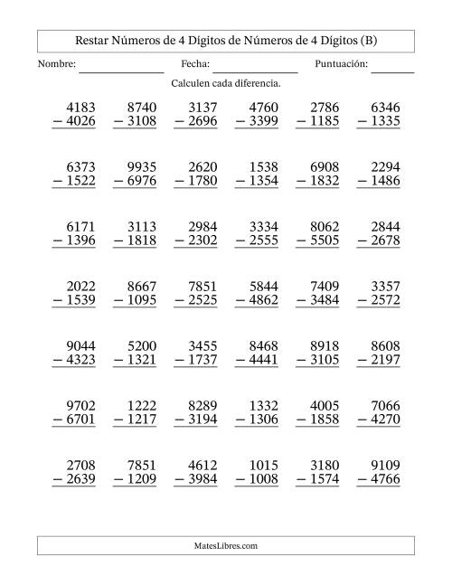 La hoja de ejercicios de Restar números de 4 dígitos de números de 4 dígitos, con acarreo en algunas preguntas (42 preguntas) (B)