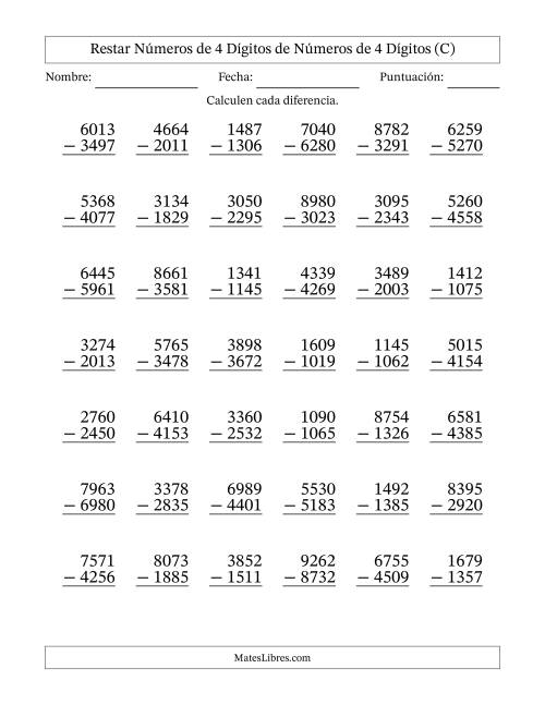 La hoja de ejercicios de Restar números de 4 dígitos de números de 4 dígitos, con acarreo en algunas preguntas (42 preguntas) (C)