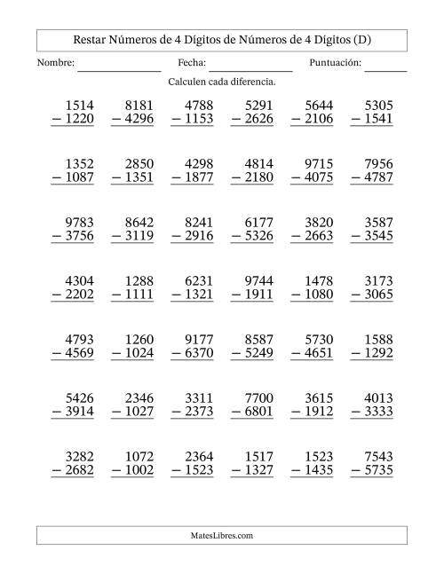 La hoja de ejercicios de Restar números de 4 dígitos de números de 4 dígitos, con acarreo en algunas preguntas (42 preguntas) (D)