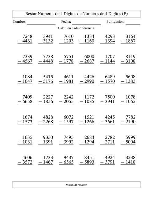 La hoja de ejercicios de Restar números de 4 dígitos de números de 4 dígitos, con acarreo en algunas preguntas (42 preguntas) (E)