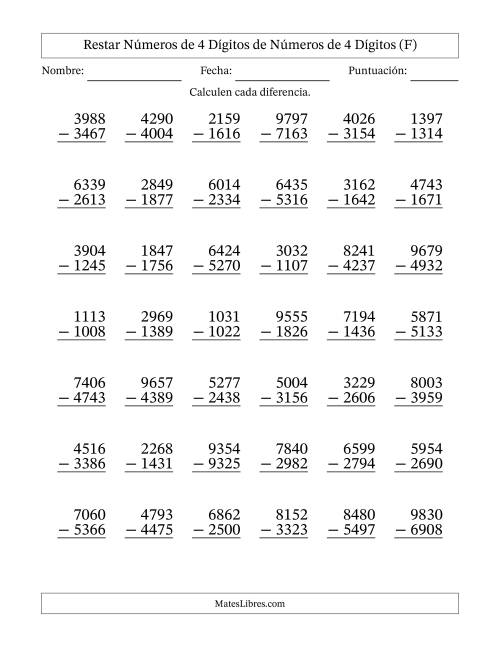 La hoja de ejercicios de Restar números de 4 dígitos de números de 4 dígitos, con acarreo en algunas preguntas (42 preguntas) (F)