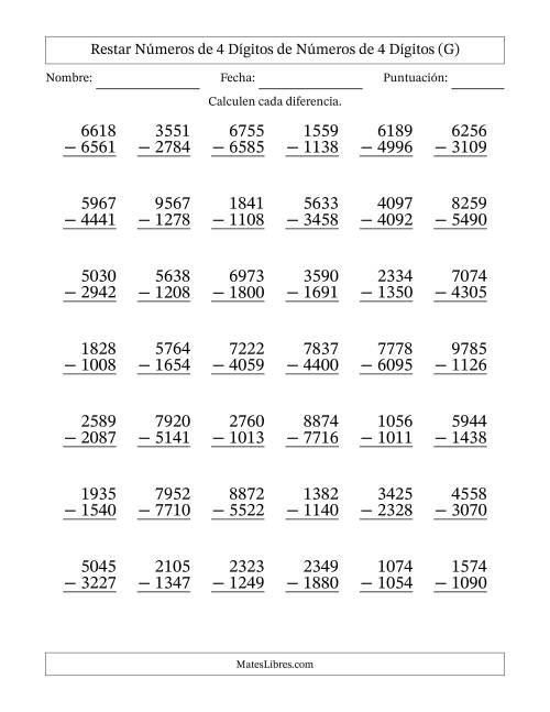La hoja de ejercicios de Restar números de 4 dígitos de números de 4 dígitos, con acarreo en algunas preguntas (42 preguntas) (G)
