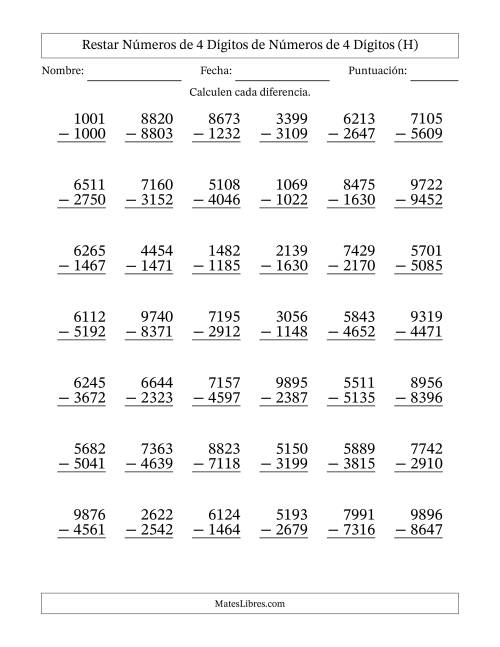 La hoja de ejercicios de Restar números de 4 dígitos de números de 4 dígitos, con acarreo en algunas preguntas (42 preguntas) (H)
