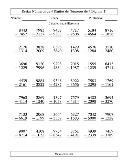 La hoja de ejercicios de Restar números de 4 dígitos de números de 4 dígitos, con acarreo en algunas preguntas (42 preguntas) (I)
