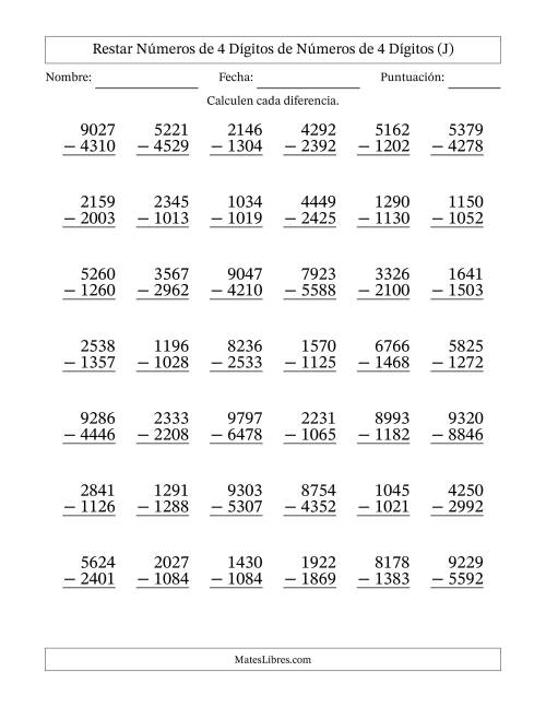 La hoja de ejercicios de Restar números de 4 dígitos de números de 4 dígitos, con acarreo en algunas preguntas (42 preguntas) (J)