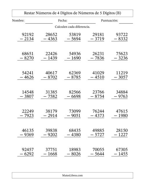 La hoja de ejercicios de Restar números de 4 dígitos de números de 5 dígitos, con acarreo en algunas preguntas (35 preguntas) (B)