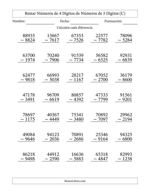 La hoja de ejercicios de Restar números de 4 dígitos de números de 5 dígitos, con acarreo en algunas preguntas (35 preguntas) (C)