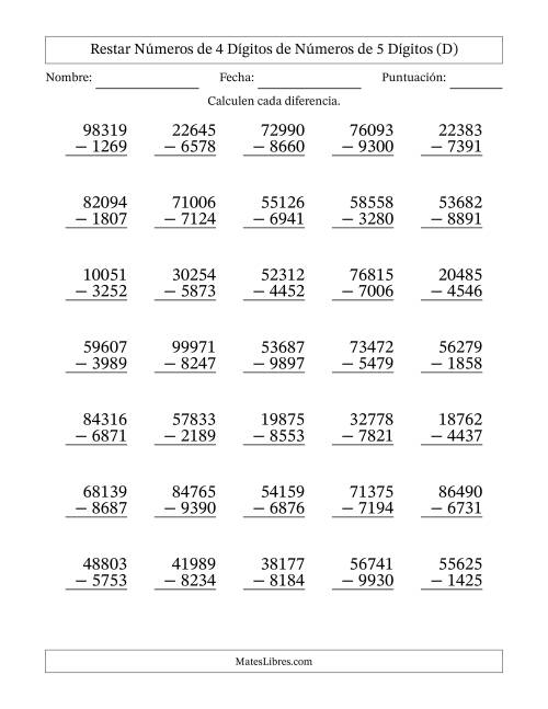 La hoja de ejercicios de Restar números de 4 dígitos de números de 5 dígitos, con acarreo en algunas preguntas (35 preguntas) (D)