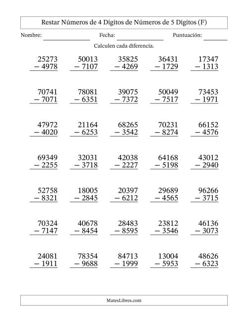 La hoja de ejercicios de Restar números de 4 dígitos de números de 5 dígitos, con acarreo en algunas preguntas (35 preguntas) (F)