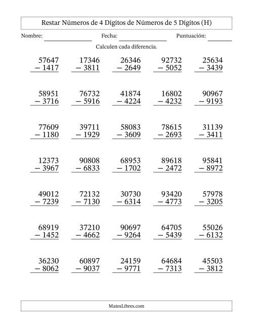 La hoja de ejercicios de Restar números de 4 dígitos de números de 5 dígitos, con acarreo en algunas preguntas (35 preguntas) (H)