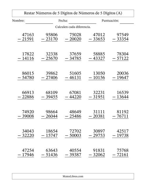 La hoja de ejercicios de Restar números de 5 dígitos de números de 5 dígitos, con acarreo en algunas preguntas (35 preguntas) (A)