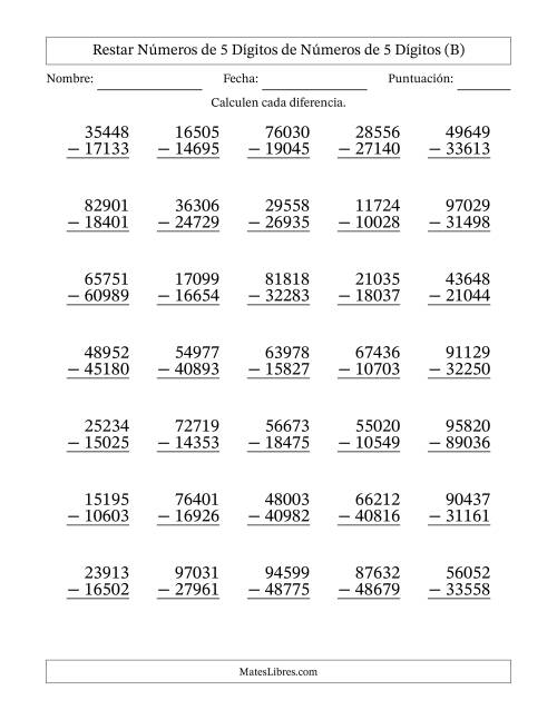 La hoja de ejercicios de Restar números de 5 dígitos de números de 5 dígitos, con acarreo en algunas preguntas (35 preguntas) (B)