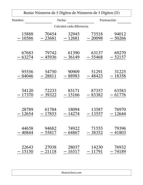 La hoja de ejercicios de Restar números de 5 dígitos de números de 5 dígitos, con acarreo en algunas preguntas (35 preguntas) (D)