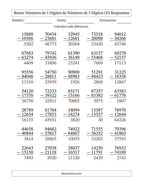 La hoja de ejercicios de Restar números de 5 dígitos de números de 5 dígitos, con acarreo en algunas preguntas (35 preguntas) (D) Página 2