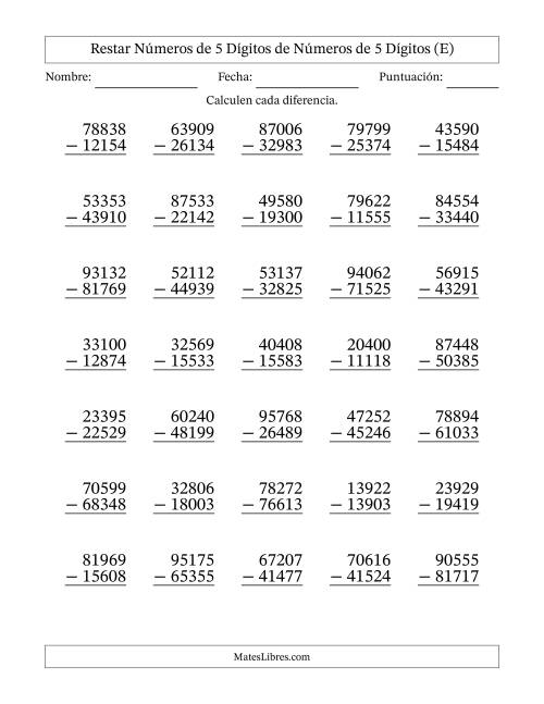 La hoja de ejercicios de Restar números de 5 dígitos de números de 5 dígitos, con acarreo en algunas preguntas (35 preguntas) (E)