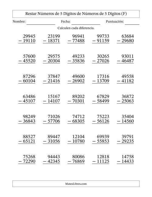 La hoja de ejercicios de Restar números de 5 dígitos de números de 5 dígitos, con acarreo en algunas preguntas (35 preguntas) (F)