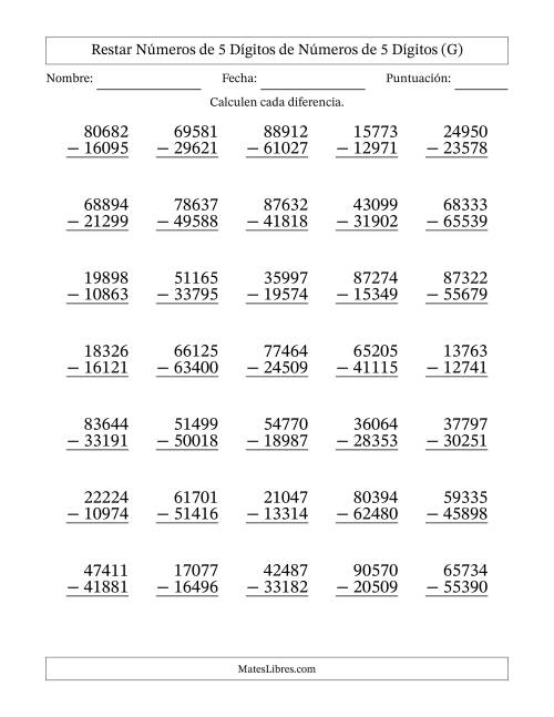 La hoja de ejercicios de Restar números de 5 dígitos de números de 5 dígitos, con acarreo en algunas preguntas (35 preguntas) (G)