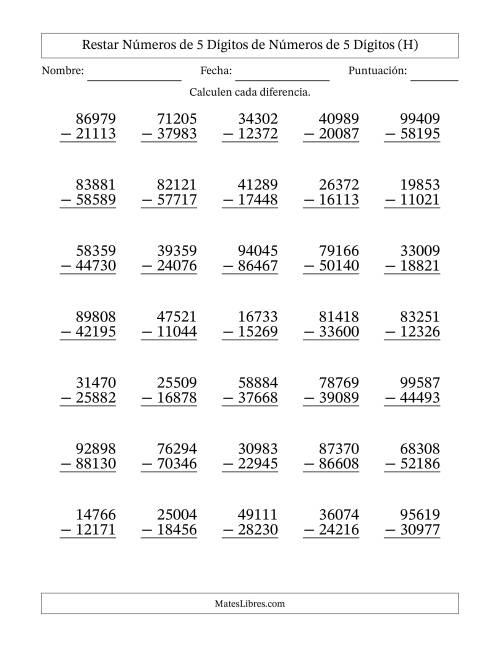 La hoja de ejercicios de Restar números de 5 dígitos de números de 5 dígitos, con acarreo en algunas preguntas (35 preguntas) (H)