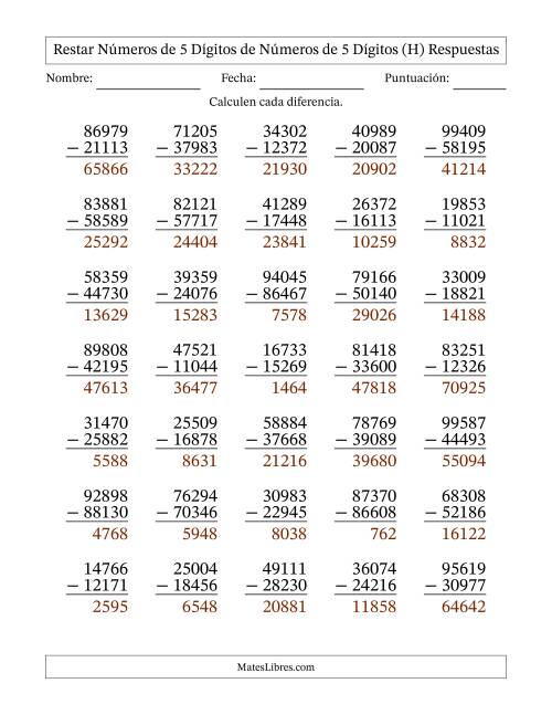 La hoja de ejercicios de Restar números de 5 dígitos de números de 5 dígitos, con acarreo en algunas preguntas (35 preguntas) (H) Página 2