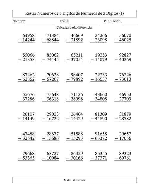 La hoja de ejercicios de Restar números de 5 dígitos de números de 5 dígitos, con acarreo en algunas preguntas (35 preguntas) (I)