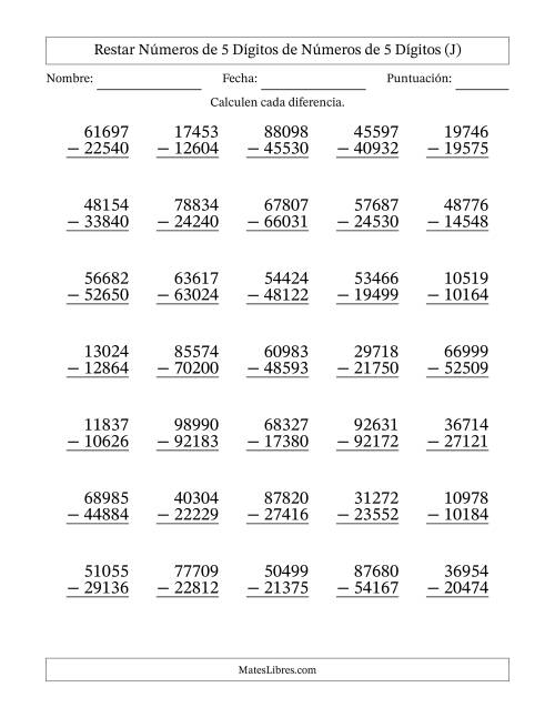 La hoja de ejercicios de Restar números de 5 dígitos de números de 5 dígitos, con acarreo en algunas preguntas (35 preguntas) (J)
