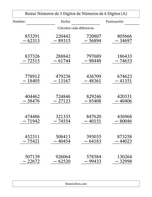 La hoja de ejercicios de Restar números de 5 dígitos de números de 6 dígitos, con acarreo en algunas preguntas (28 preguntas) (A)
