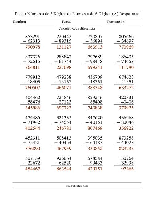 La hoja de ejercicios de Restar números de 5 dígitos de números de 6 dígitos, con acarreo en algunas preguntas (28 preguntas) (A) Página 2