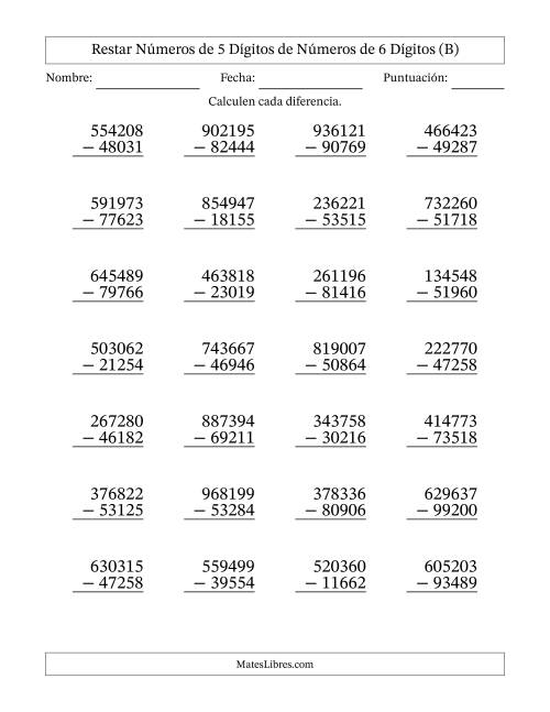 La hoja de ejercicios de Restar números de 5 dígitos de números de 6 dígitos, con acarreo en algunas preguntas (28 preguntas) (B)