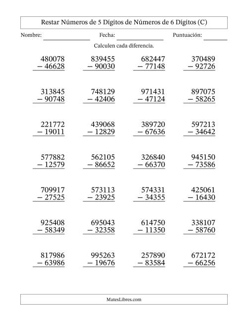 La hoja de ejercicios de Restar números de 5 dígitos de números de 6 dígitos, con acarreo en algunas preguntas (28 preguntas) (C)