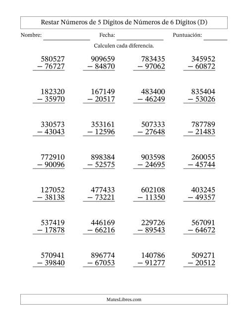 La hoja de ejercicios de Restar números de 5 dígitos de números de 6 dígitos, con acarreo en algunas preguntas (28 preguntas) (D)