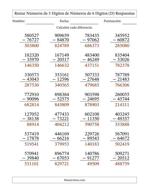 La hoja de ejercicios de Restar números de 5 dígitos de números de 6 dígitos, con acarreo en algunas preguntas (28 preguntas) (D) Página 2