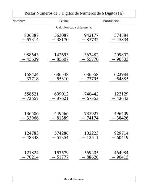 La hoja de ejercicios de Restar números de 5 dígitos de números de 6 dígitos, con acarreo en algunas preguntas (28 preguntas) (E)
