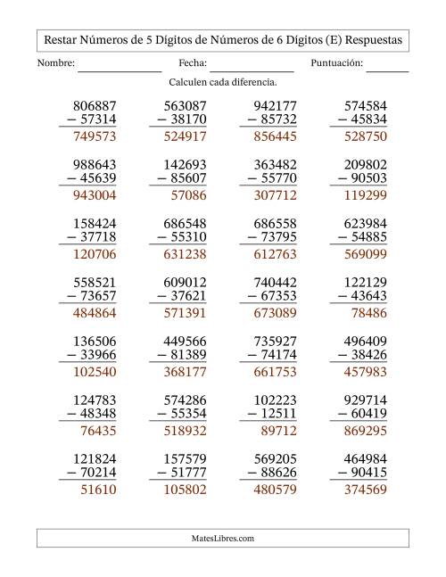 La hoja de ejercicios de Restar números de 5 dígitos de números de 6 dígitos, con acarreo en algunas preguntas (28 preguntas) (E) Página 2