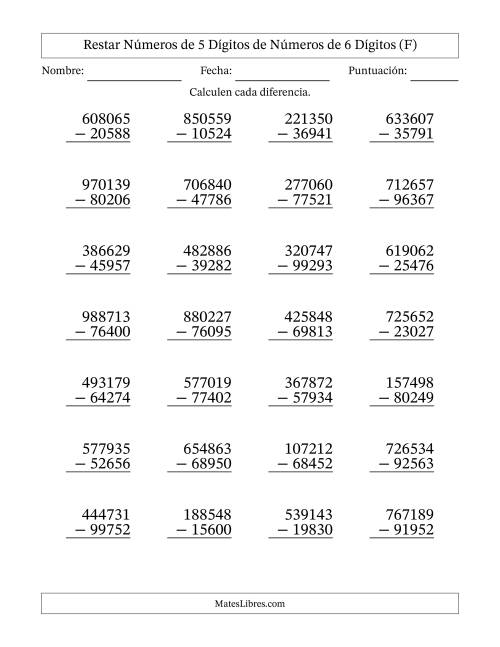 La hoja de ejercicios de Restar números de 5 dígitos de números de 6 dígitos, con acarreo en algunas preguntas (28 preguntas) (F)