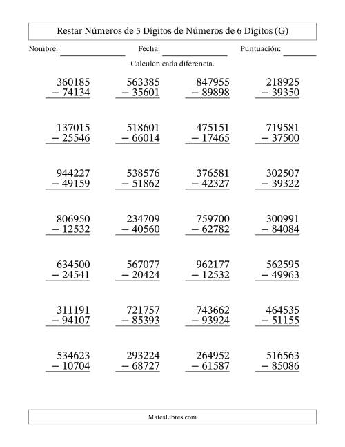 La hoja de ejercicios de Restar números de 5 dígitos de números de 6 dígitos, con acarreo en algunas preguntas (28 preguntas) (G)