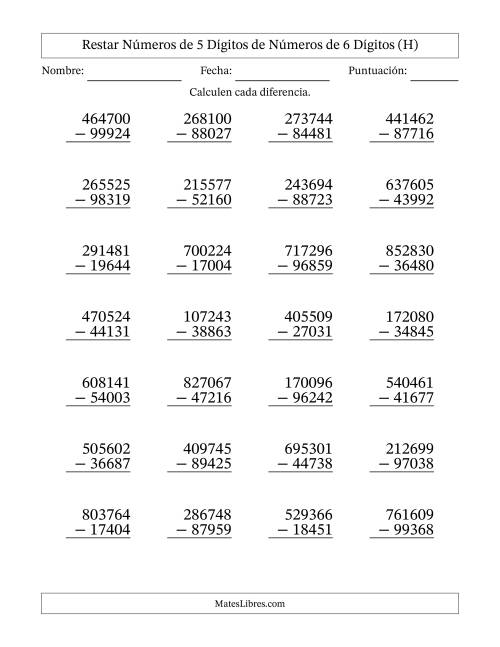 La hoja de ejercicios de Restar números de 5 dígitos de números de 6 dígitos, con acarreo en algunas preguntas (28 preguntas) (H)
