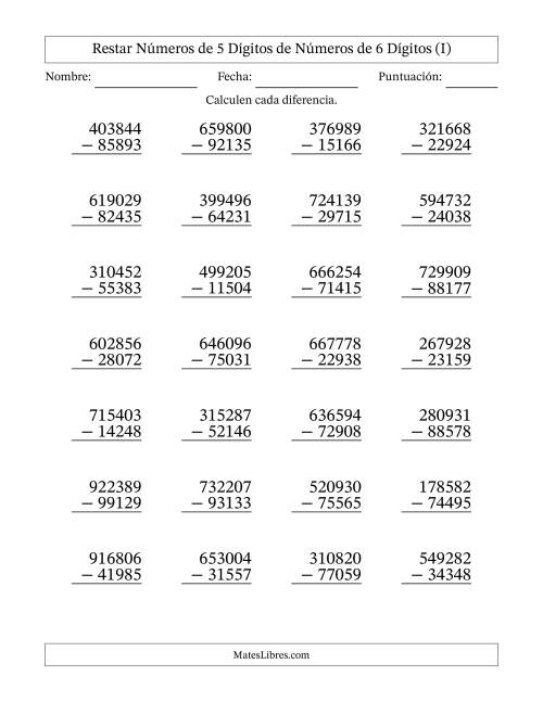 La hoja de ejercicios de Restar números de 5 dígitos de números de 6 dígitos, con acarreo en algunas preguntas (28 preguntas) (I)